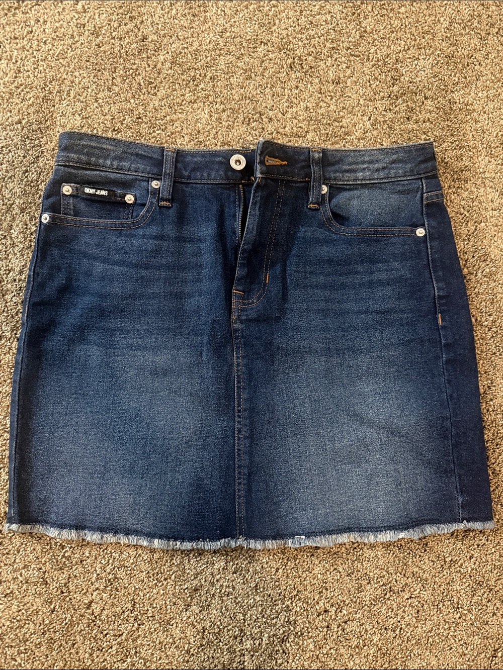 DKNY Dark Blue Denim Mini Skirt with Frayed Hem